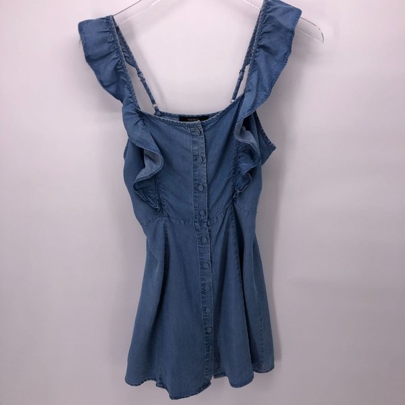 Forever 21 Small Mini Sundress Dress Ruffle Button Front Chambray Blue - Picture 11 of 15